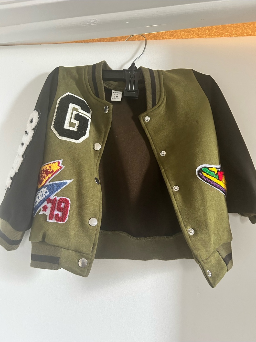 Kids Olive Green Varsity Jacket with Patches